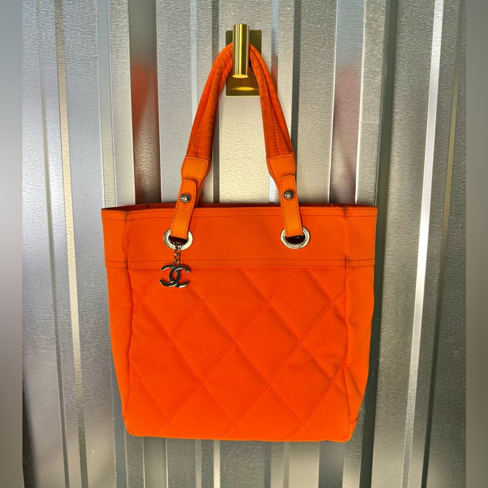 Chanel Neon Orange Paris-Biarritz Small Quilted Tote Bag